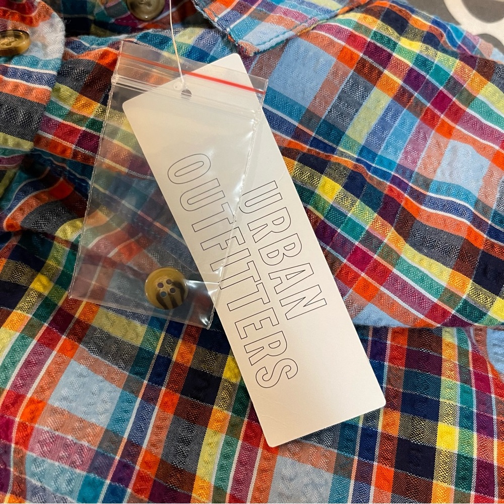 Urban Oufitters Slouchy Plaid Seersucker Shirt S Oversized Multicolored - Picture 10 of 13